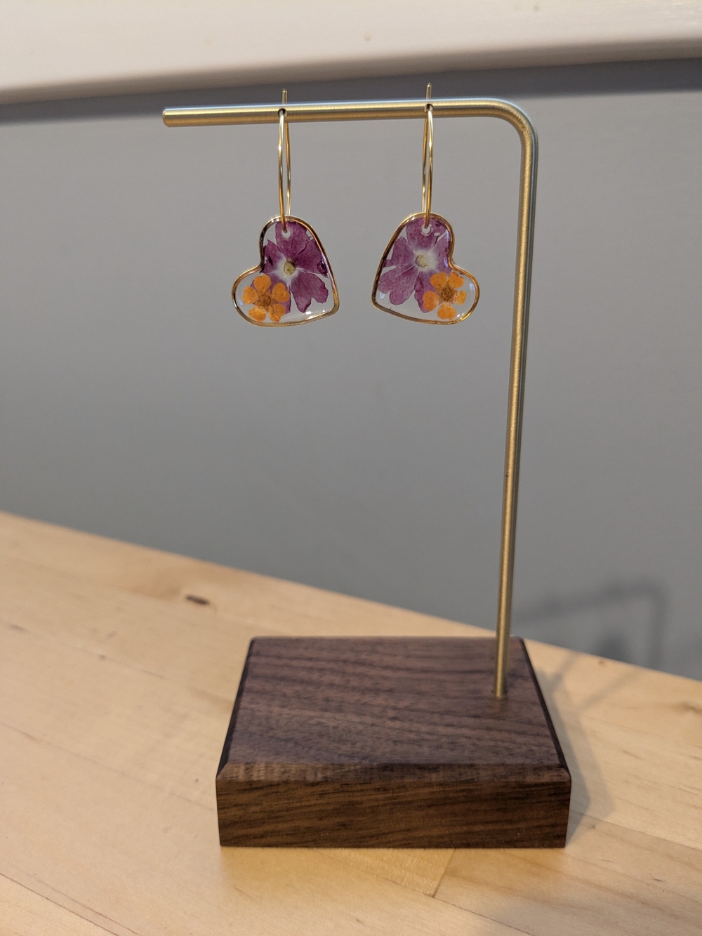 Handmade Heart Floral Resin Earrings - Purple & Orange